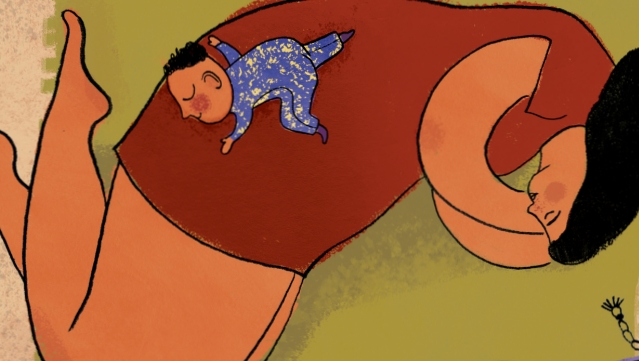Grafik von schlafender Mutter mit Baby am Schoß