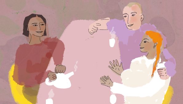 Grafik von einer Schwangeren und ihrem Partner, die mit einer Hebamme am Tisch sitzen (Beratungssituation)